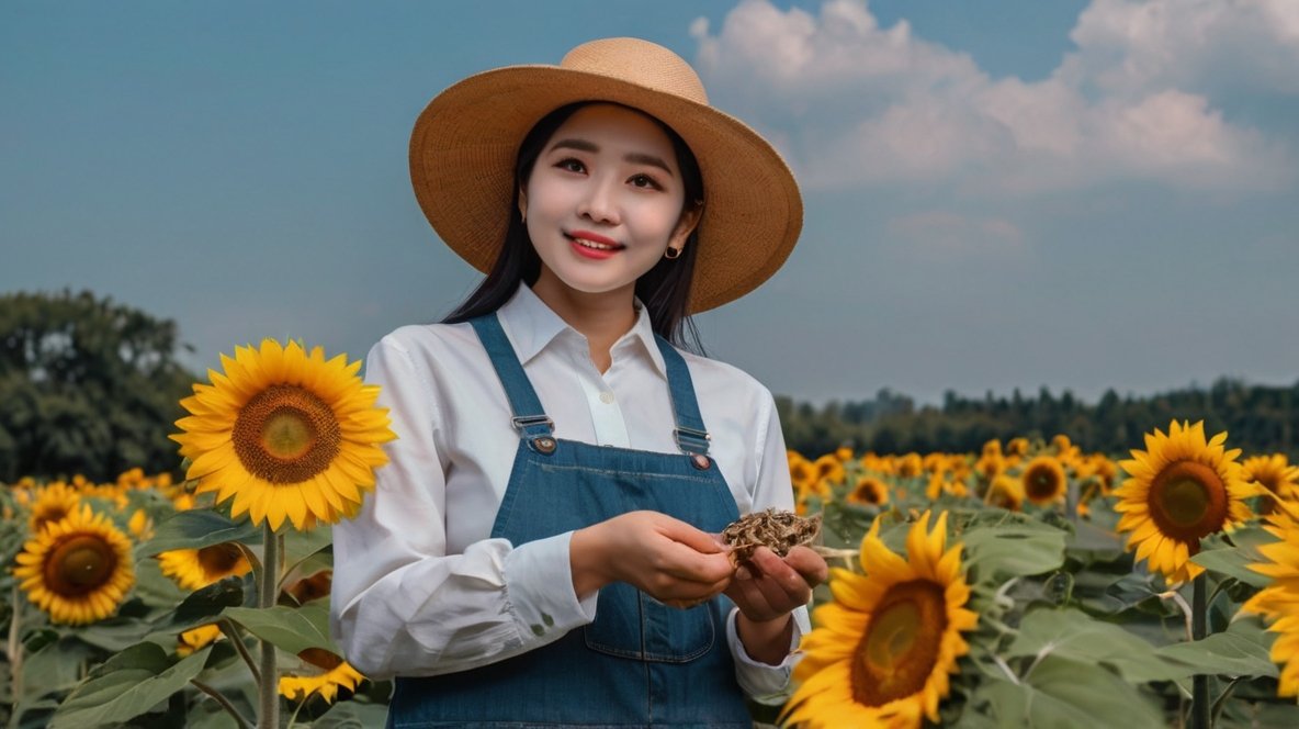 The Golden Moment: Mastering the Art of Sunflower Seed Harvesting A young woman stands in a vibrant sunflower field, surrounded by tall, blooming sunflowers. She wears a wide-brimmed straw hat, a white shirt, and denim overalls, giving her a quintessential farmer's appearance. Her hands are cupped, holding what appears to be sunflower seeds or a small sunflower head. She has a warm, genuine smile on her face as she looks directly at the camera. The background showcases a vast field of sunflowers stretching into the distance, with a clear blue sky dotted with a few clouds above. The image captures the essence of sunflower farming, blending the beauty of nature with the satisfaction of a bountiful harvest.