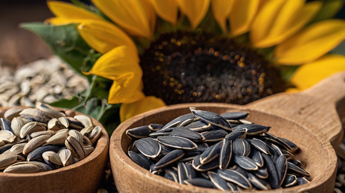 Ideal Storage Conditions for Sunflower Seeds: XingYi Trading's Expert Guide A close-up image showcasing the journey from sunflower to seeds. In the background, a vibrant yellow sunflower bloom is partially visible, its petals and dark center providing context. In the foreground, two wooden bowls take center stage. One bowl contains black sunflower seeds in their shells, showcasing their distinctive elongated shape and dark color with light striping. The other bowl holds shelled sunflower seeds, revealing their pale, off-white kernels. Both types of seeds are piled generously in their respective bowls. The arrangement is set on what appears to be a wooden surface, adding to the natural, rustic feel of the composition. This image effectively illustrates the different stages of sunflower seeds, from the plant to the final edible product."