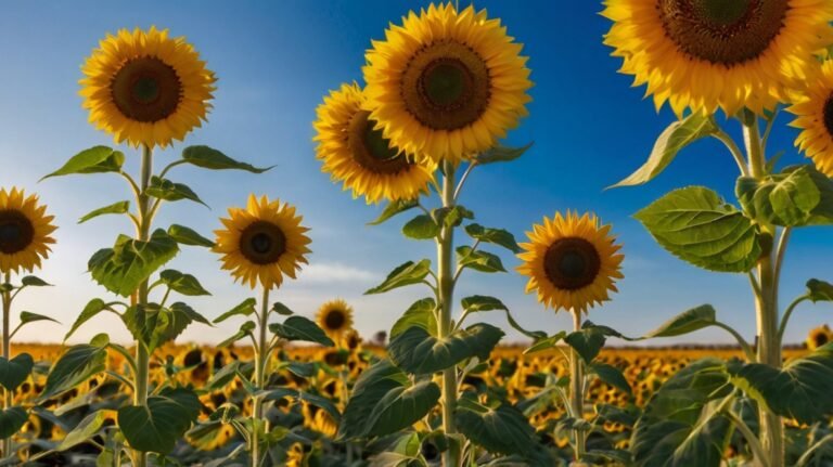 A vibrant sunflower field stretches towards the horizon under a clear blue sky. Towering sunflower plants with bright yellow petals and large brown centers stand proudly, their faces turned towards the sun. The lush green leaves frame each flower, showcasing the healthy growth of these sunflower seed producers. This image captures the beauty of sunflower cultivation, hinting at the bountiful harvest of nutritious sunflower seeds to come. The expansive field demonstrates the scale of commercial sunflower seed production.