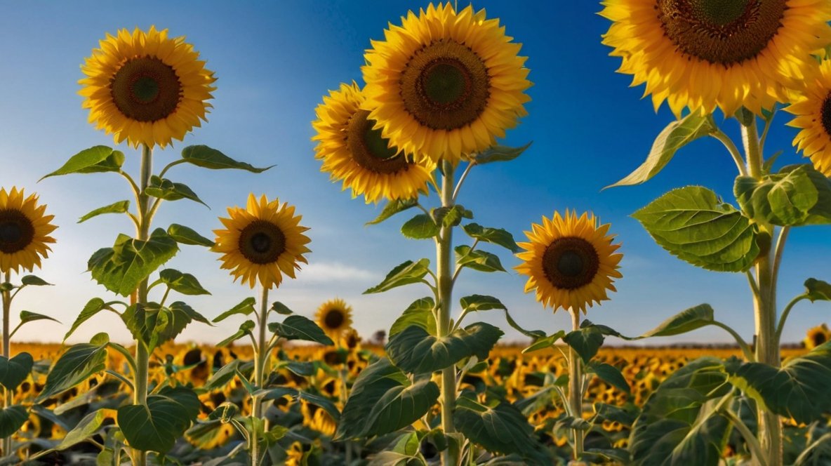 International Sunflower Seed Suppliers: Why XingYi Trading Leads the Pack A vibrant sunflower field stretches towards the horizon under a clear blue sky. Towering sunflower plants with bright yellow petals and large brown centers stand proudly, their faces turned towards the sun. The lush green leaves frame each flower, showcasing the healthy growth of these sunflower seed producers. This image captures the beauty of sunflower cultivation, hinting at the bountiful harvest of nutritious sunflower seeds to come. The expansive field demonstrates the scale of commercial sunflower seed production.