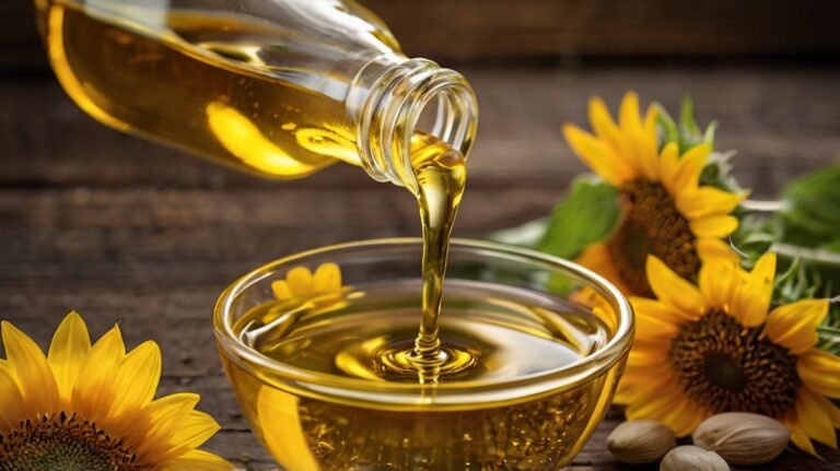 A glass bottle tilts, pouring a stream of golden sunflower oil into a small glass bowl. The oil gleams in the light, creating a mesmerizing ripple effect as it flows into the bowl. Surrounding the scene are vibrant sunflowers in full bloom, their bright yellow petals and dark centers providing a natural backdrop that connects the oil to its source. A few sunflower seeds are visible in the foreground, completing the story from seed to oil. The warm, rich tones of the oil contrast beautifully with the dark wooden surface beneath, emphasizing the oil's purity and color. This image captures the essence of sunflower oil production, showcasing its natural beauty and suggesting its culinary and health benefits.