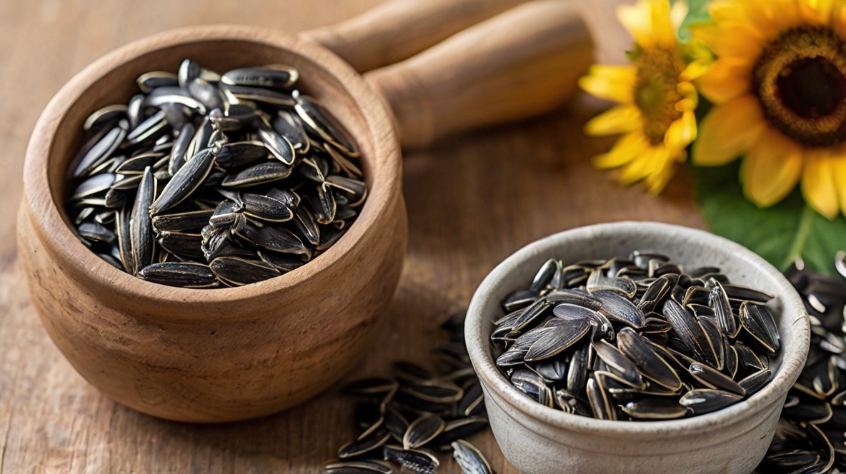 Mastering the Art of Roasting Sunflower Seeds: Recipes and Tips from XingYi Trading Two bowls filled with black sunflower seeds sit on a wooden surface. The larger bowl is wooden, while the smaller is ceramic. Scattered seeds surround the bowls, showcasing their distinctive striped pattern. A wooden pestle lies nearby, suggesting preparation. Bright yellow sunflowers in the background connect the seeds to their source. This image captures the journey of sunflower seeds from plant to snack, highlighting their natural beauty and versatility as a nutritious food.