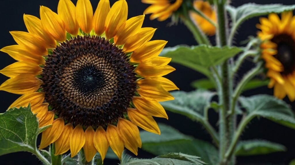Preventing Mold and Pests in Sunflower Seeds: XingYi Trading's Expert Guide A close-up view of a vibrant sunflower in full bloom dominates the foreground. The flower's large, dark brown center is a mesmerizing display of intricate spiral patterns, showcasing the Fibonacci sequence found in nature. Surrounding this center are bright yellow petals, their rich golden color contrasting beautifully with the dark background. The petals are fully open, creating a perfect circular shape around the flower's face. In the background, slightly out of focus, more sunflowers and lush green leaves are visible, providing depth to the image. The photo captures the sunflower at its peak, highlighting its natural beauty and complex structure.