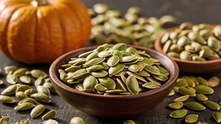 A wooden bowl overflowing with green pumpkin seeds takes center stage on a dark, textured surface. Beside it, a vibrant orange pumpkin adds a pop of autumn color. Additional pumpkin seeds are scattered around and fill a smaller bowl nearby. The image showcases the abundance and natural beauty of pumpkin seeds, highlighting their appeal as a wholesome snack. The rustic presentation emphasizes the seeds' connection to fall harvests and seasonal cuisine.