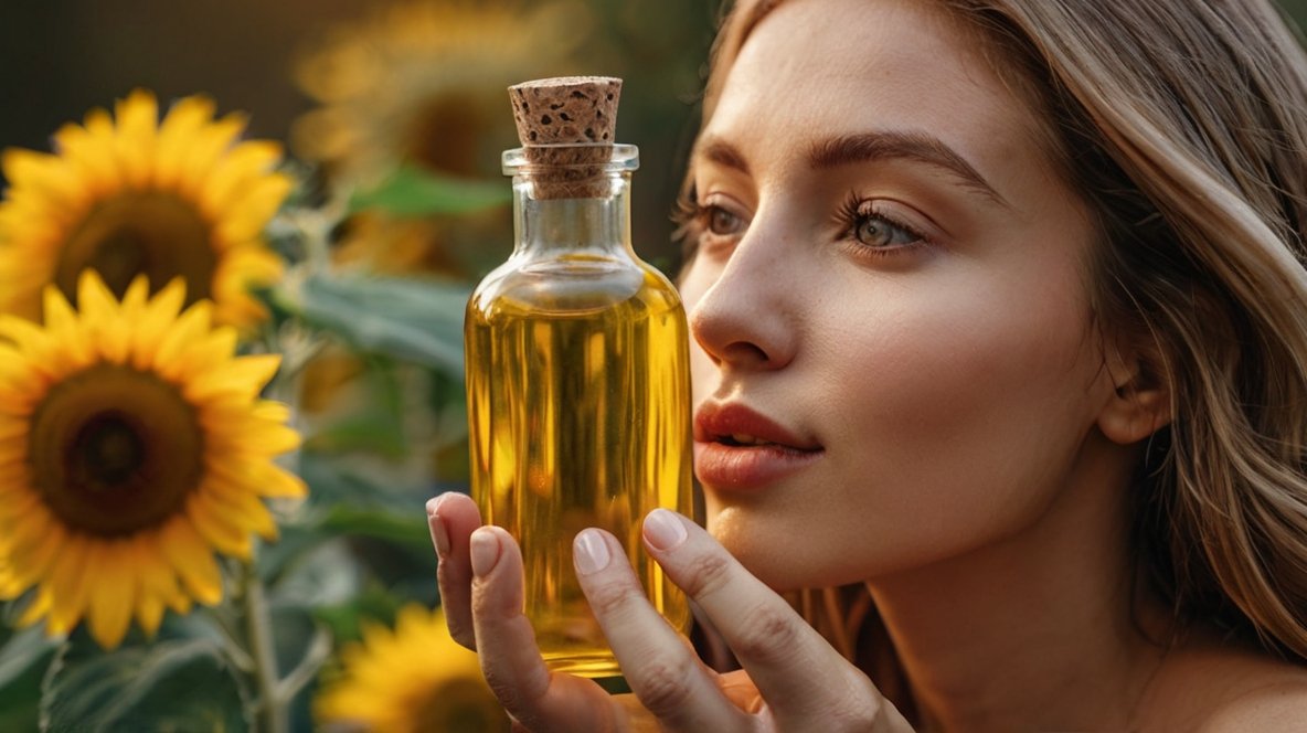 Radiant Beauty: Harnessing the Power of Sunflower Seed Oil for Skincare A close-up image of a young woman holding a glass bottle of golden sunflower oil. She has long, blonde hair and is looking intently at the bottle, which she holds delicately with both hands. Her skin appears radiant and healthy, with a natural makeup look. In the background, vibrant sunflowers are visible, creating a harmonious connection between the raw ingredient and the refined oil. The lighting is warm and soft, emphasizing the golden hues of the oil and the sunflowers. This image suggests the use of sunflower oil in beauty and skincare routines, highlighting its natural origins and potential benefits.