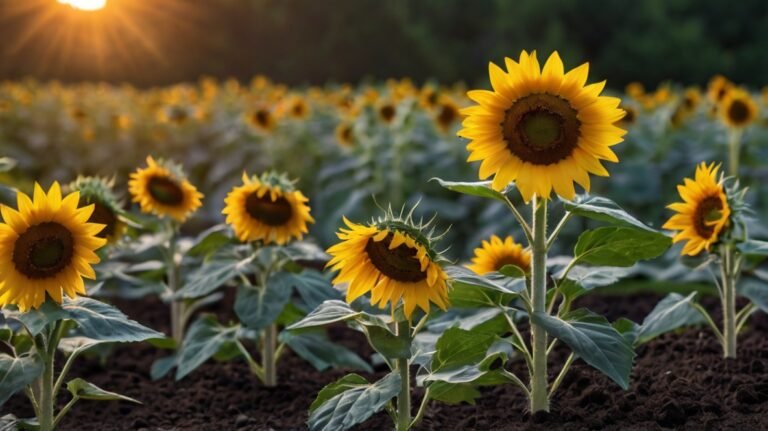 A vast field of sunflowers stretches into the distance, bathed in the warm light of a setting sun. In the foreground, several sunflowers are in sharp focus, their bright yellow petals and dark centers clearly visible. The flowers are at various stages of bloom, with some fully open and others still developing. Lush green leaves adorn the sturdy stalks, and rich, dark soil is visible between the plants. The background shows rows upon rows of sunflowers fading into a soft blur, creating a sense of depth and abundance. The sun's rays peek through the top left corner, casting a golden hue across the entire scene and highlighting the natural beauty of the sunflower crop.
