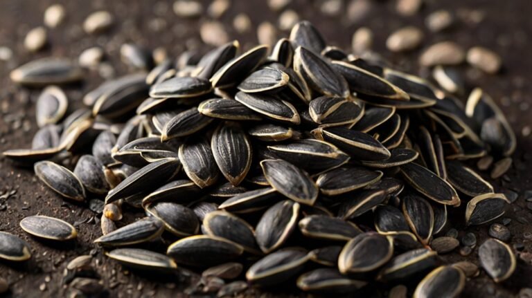 A close-up image of a pile of black sunflower seeds on a dark, textured surface. The seeds are in their shells, showcasing their elongated, oval shape and distinctive black color with subtle striping. The pile is dense in the center, with seeds scattered around the edges, giving a sense of abundance. The lighting highlights the glossy sheen of the seed shells, emphasizing their quality and freshness. This image beautifully captures the texture and appearance of premium black sunflower seeds, ready for snacking or culinary use.
