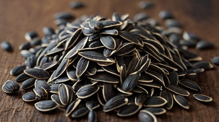 A close-up image of a heaping pile of black sunflower seeds on a rustic wooden surface. The seeds are in their shells, showcasing their distinctive elongated shape and dark color with light striping along the edges. The pile forms a small mound, emphasizing the abundance of seeds. The image captures the texture and subtle variations in color of the seeds, from deep black to lighter stripes. Some seeds are positioned to show their flat sides, while others reveal their edges, creating an interesting visual pattern. The warm, grainy texture of the wooden background complements the cool tones of the seeds, enhancing the natural, organic feel of the composition. This image presents sunflower seeds as a bountiful, wholesome product ready for consumption or further processing.