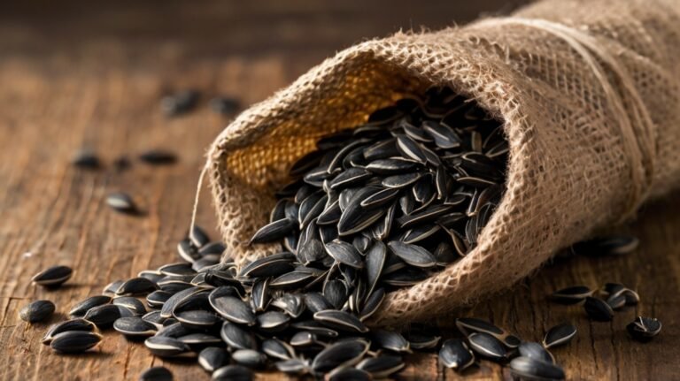 A burlap sack lies on its side on a weathered wooden surface, spilling out a generous amount of black sunflower seeds. The seeds are in their shells, showcasing their distinctive elongated shape and dark color with light striping along the edges. Some seeds have scattered across the wooden surface, emphasizing abundance. The rough texture of the burlap contrasts nicely with the smooth, glossy appearance of the seeds. The warm, golden tones of the wood and burlap create a rustic, natural backdrop for the dark seeds. This image presents sunflower seeds as a wholesome, farm-fresh product, highlighting their natural origins and appealing texture.