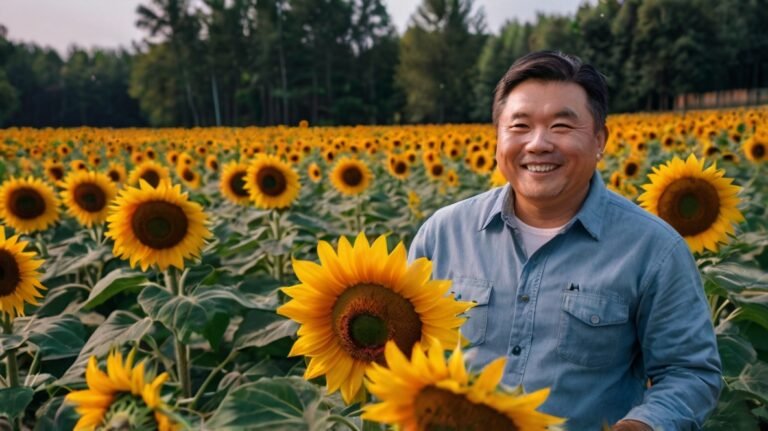 A beaming middle-aged Asian man stands in a vast field of vibrant sunflowers, showcasing the potential of sunflower seeds. His blue denim shirt contrasts with the sea of golden blooms stretching to a distant treeline. The sunflowers, rich with seeds, symbolize a bountiful harvest, highlighting the farmer's success in cultivating these nutritious sunflower seeds. His genuine smile reflects the satisfaction of growing nature's golden crop.