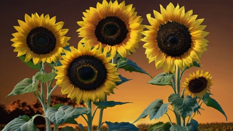 Five vibrant sunflowers with bright yellow petals and dark brown centers stand tall against a warm, sunset-colored sky. The flowers are in various stages of bloom, showcasing the development of future sunflower seeds. Their large heads are surrounded by lush green leaves, highlighting the health of the plants. This image captures the beauty of sunflowers at their peak, just before they begin producing the nutritious sunflower seeds prized for their flavor and health benefits. The golden hues evoke the richness of the oil found in these seeds.