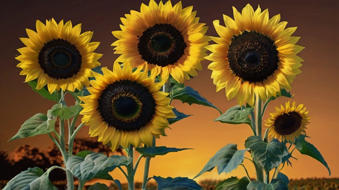 The Ultimate Guide to Growing Sunflower Seeds 363: From Soil to Harvest Five vibrant sunflowers with bright yellow petals and dark brown centers stand tall against a warm, sunset-colored sky. The flowers are in various stages of bloom, showcasing the development of future sunflower seeds. Their large heads are surrounded by lush green leaves, highlighting the health of the plants. This image captures the beauty of sunflowers at their peak, just before they begin producing the nutritious sunflower seeds prized for their flavor and health benefits. The golden hues evoke the richness of the oil found in these seeds.