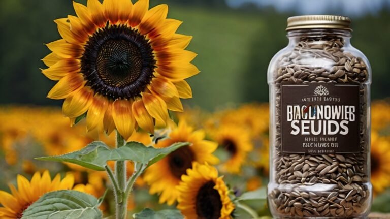 The image juxtaposes a vibrant sunflower in full bloom with a jar of harvested sunflower seeds. On the left, a large sunflower with bright yellow petals and a dark center stands tall in a field, with more sunflowers visible in the background. On the right, a clear glass jar filled with sunflower seeds is prominently displayed. The jar's label reads 'BLACK SUNFLOWER SEEDS' in stylized text. This composition effectively illustrates the connection between the living plant and its edible product, showcasing the journey from field to consumable form. The contrast between the natural beauty of the flower and the packaged seeds emphasizes both the agricultural and commercial aspects of sunflower cultivation.