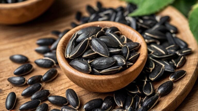 A small wooden bowl filled with black sunflower seeds sits on a wooden cutting board or table. The seeds are in their shells, showcasing their elongated shape and dark color with light striping. Many seeds are scattered around the bowl on the wooden surface, creating a sense of abundance. The warm tones of the wood contrast nicely with the dark seeds, giving the image a rustic, natural feel. In the background, a partial view of another bowl and some green leaves add depth to the composition. This image presents sunflower seeds as a wholesome, ready-to-eat snack, emphasizing their natural origins and appealing texture.