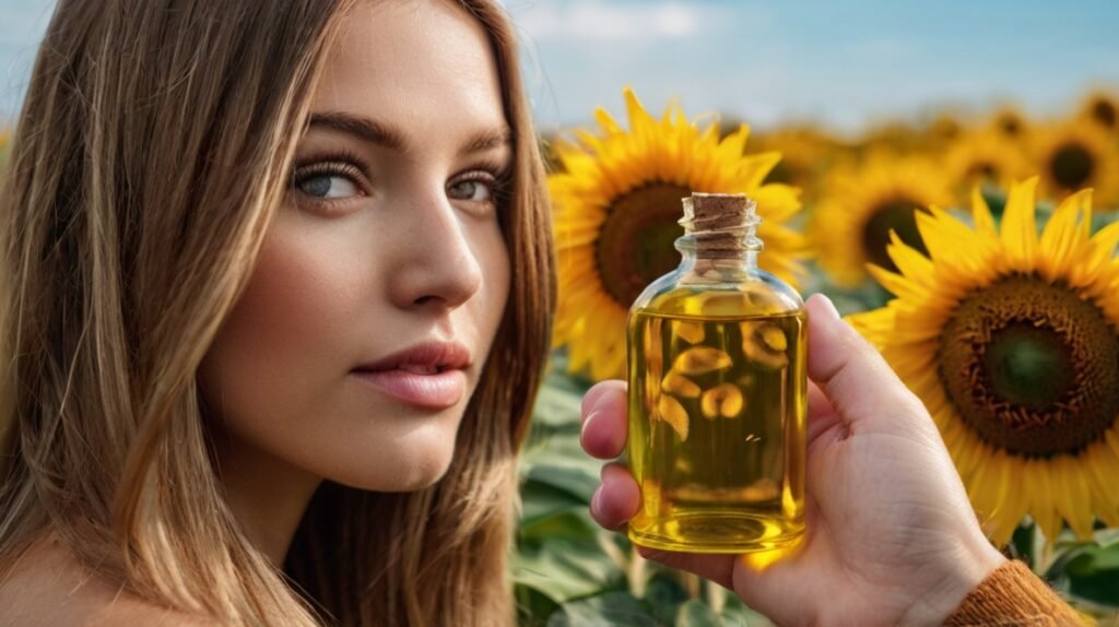 Unlocking Luscious Locks: The Magic of Sunflower Seed Oil for Hair Care A close-up portrait of a young woman with blonde hair and striking blue eyes, holding a small glass bottle of golden sunflower oil. She is looking intently at the bottle, which is illuminated by natural light, making the oil appear vibrant and pure. Behind her, a field of sunflowers is in bloom, their large yellow petals and dark centers creating a beautiful, natural backdrop. The image connects the raw beauty of the sunflowers with the refined oil product, suggesting its use in beauty and skincare. The woman's flawless complexion and luminous skin subtly imply the potential benefits of the oil.