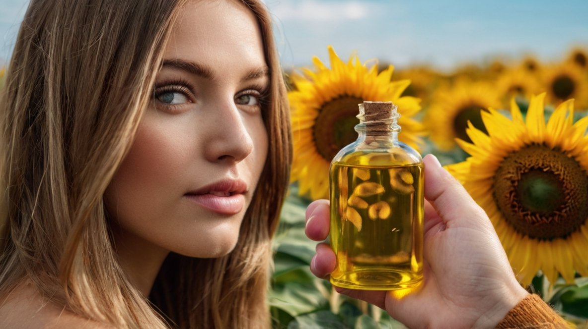 Unlocking Luscious Locks: The Magic of Sunflower Seed Oil for Hair Care A close-up portrait of a young woman with blonde hair and striking blue eyes, holding a small glass bottle of golden sunflower oil. She is looking intently at the bottle, which is illuminated by natural light, making the oil appear vibrant and pure. Behind her, a field of sunflowers is in bloom, their large yellow petals and dark centers creating a beautiful, natural backdrop. The image connects the raw beauty of the sunflowers with the refined oil product, suggesting its use in beauty and skincare. The woman's flawless complexion and luminous skin subtly imply the potential benefits of the oil.
