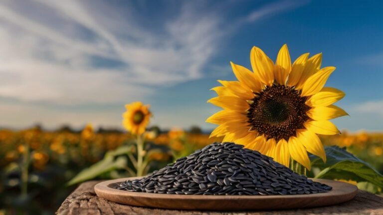 A vibrant sunflower field under a blue sky with wispy clouds. In the foreground, a wooden surface displays a heap of black sunflower seeds on a round plate, emphasizing their nutritional value. A large sunflower bloom towers over the seeds, showcasing the source of these anti-inflammatory powerhouses. The image captures the journey from sunflower to seed, highlighting the natural origins of these healthful snacks.