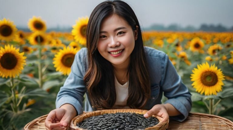 A young woman with long dark hair smiles brightly at the camera while holding a large woven basket filled with black sunflower seeds. She's wearing a white top with a blue denim jacket and is positioned in a sunflower field. Behind her, vibrant yellow sunflowers stretch out across the field, creating a colorful backdrop. The woman's expression conveys joy and pride in the harvest. The image captures the connection between the cultivator and the crop, showcasing both the beauty of the sunflower field and the bounty of seeds it produces.