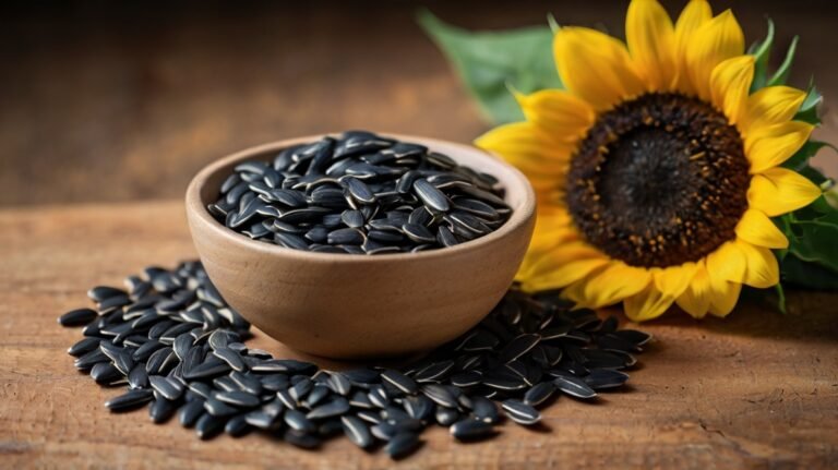 A wooden bowl filled with glossy black sunflower seeds sits on a rustic table, surrounded by scattered seeds. Beside it, a vibrant sunflower showcases the origin of these nutritious seeds. The contrast between the dark seeds and the bright yellow petals highlights the transformation from flower to food. This image captures the essence of sunflower seed production, from cultivation to harvest, emphasizing their natural beauty and nutritional value as a healthy snack or cooking ingredient.