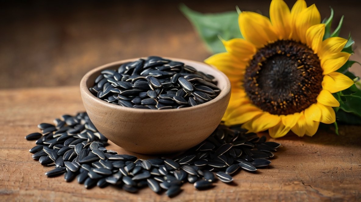 Unveiling the Premium 363 Sunflower Seeds: A Nutritional Powerhouse A wooden bowl filled with glossy black sunflower seeds sits on a rustic table, surrounded by scattered seeds. Beside it, a vibrant sunflower showcases the origin of these nutritious seeds. The contrast between the dark seeds and the bright yellow petals highlights the transformation from flower to food. This image captures the essence of sunflower seed production, from cultivation to harvest, emphasizing their natural beauty and nutritional value as a healthy snack or cooking ingredient.