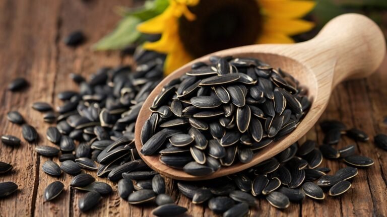 A wooden spoon overflows with glossy black sunflower seeds, resting on a rustic wooden surface. The seeds spill onto the table, showcasing their abundance. In the background, vibrant yellow sunflowers add a splash of color, connecting the seeds to their source. The image captures the seeds' distinctive elongated shape and striped edges, highlighting their quality. This close-up shot emphasizes the natural beauty of sunflower seeds, from the warm tones of the wood to the contrasting dark seeds, inviting viewers to appreciate their nutritional value and versatility as a snack or ingredient.